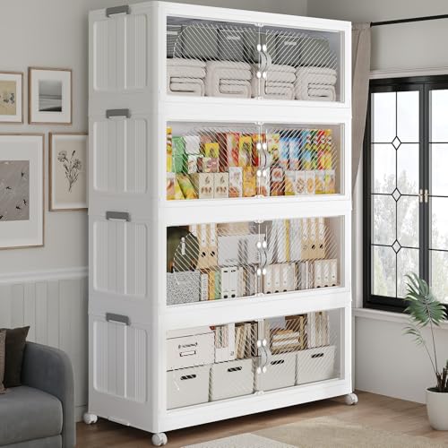 240QT Extra Large Stackable Storage Bins with Lid & Wheels & Doors,60Gal Foldable Collapsible Closet Organizers, Plastic Cabinet Box Container Drawer for Home Kitchen Bedroom, 4Pack White - color: White, size: 60QT-4Pack