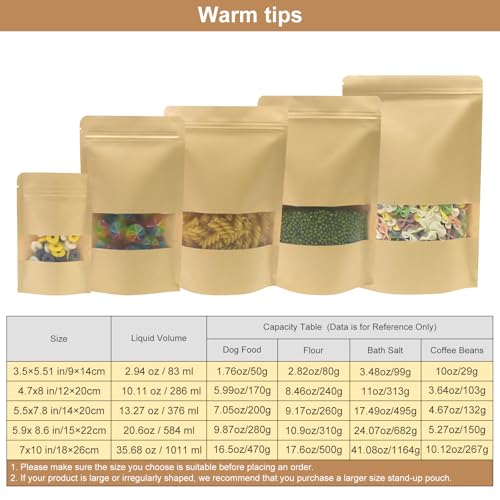 SumDirect Kraft Stand Up Pouches - 50Pcs Resealable Kraft Paper Stand Up Bags with Window, Zipper Food Storage Bags for Home or Business (50, 3.5x5.5inch) - size: 3.5x5.5inch
