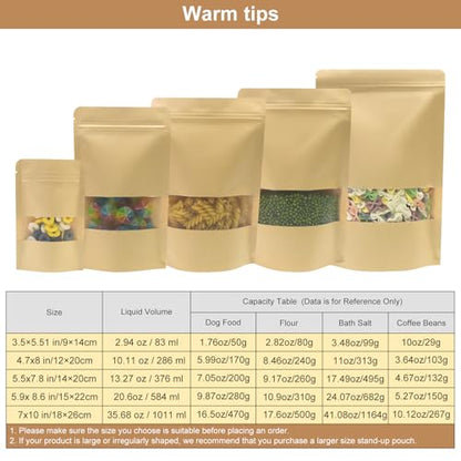 SumDirect Kraft Stand Up Pouches - 50Pcs Resealable Kraft Paper Stand Up Bags with Window, Zipper Food Storage Bags for Home or Business (50, 3.5x5.5inch) - size: 3.5x5.5inch