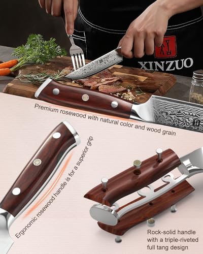 XINZUO 5Pcs Steak Knives Set, Non Serrated Dinner Knives with Drawer Knife Holder,67-layer Damascus Steel Kitchen Knife with Rose Wood Handle, Acacia Wood Knife Block - size: 4.9"