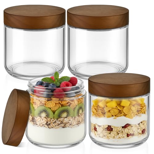 Bumobum 10 oz Small Glass Jars with Lids, Glass Container with Acacia Wood Airtight Lid, Wide Mouth Canisters for Chia Pudding Loose Tea Coffee Meal Prep Parfait Salad Snacks Yogurt Spice, 4-Pack - color: 10oz