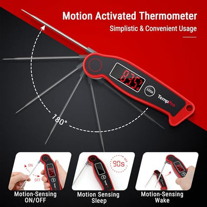 TempPro TP19 Waterproof Digital Meat Thermometer for Grilling with Ambidextrous Backlit & Thermocouple Instant Read Kitchen Cooking Food Thermometer for Candy Oil BBQ Smoker (Previously ThermoPro) - color: Bright Red