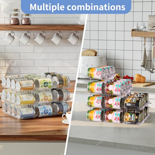 Jsyrjing Can Organizer for Pantry, 3-Tier Stackable Can Dispenser Rack | Automatic rolling, Modular flexible combination, Extra-thick clear material, Cabinet pantry fridge countertop storage - size: 3*3