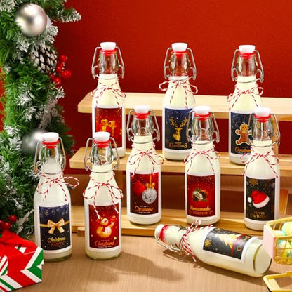 Havawish 16 Pcs Merry Christmas 8 oz Coquito Swing Top Glass Bottles with Airtight Cap Lids Labels Clear Flip Top Bottles with Stoppers for Homemade Christmas Home Brewing Beer Beverages(Warm) - style: Warm
