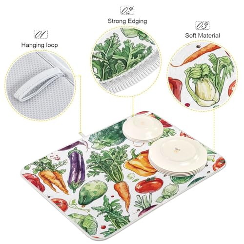 Scribble Vegetable Pattern Dish Drying Mat, Absorbent Heat Resistant, 16 x 18 inch Dish Drainer for Kitchen Countertop, Dining Table