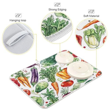 Scribble Vegetable Pattern Dish Drying Mat, Absorbent Heat Resistant, 16 x 18 inch Dish Drainer for Kitchen Countertop, Dining Table