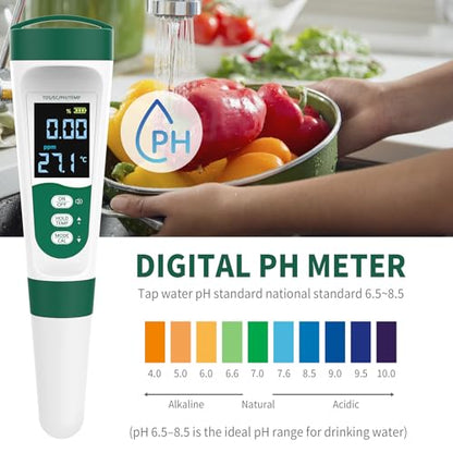 5-in-1 Digital PH Meter, with Voice Function, PH/TDS/EC/Temp/Salt Pool Salt Tester, Waterproof & Rechargeable Pen Meter for Swimming Pools, Fish Tank, Aquariums & Hydroponics
