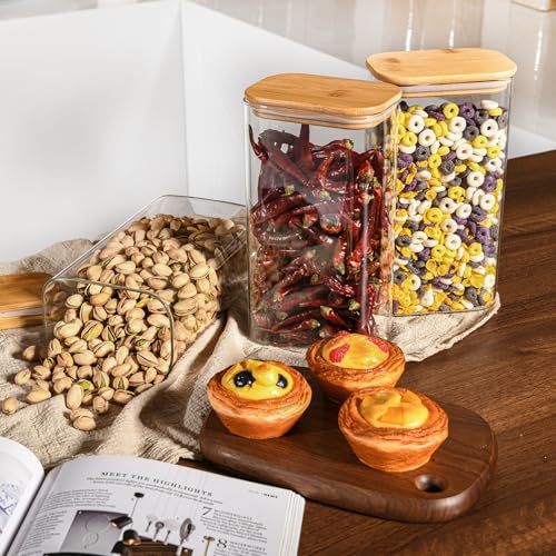 D2scrma 56oz Rectangle Airtight Glass Storage Containers with Bamboo Lids (Set of 3), Square Food Storage Jar, Pantry Organizers for Oats, Cereal, Pasta and Coffee beans (‎with Black Lable)