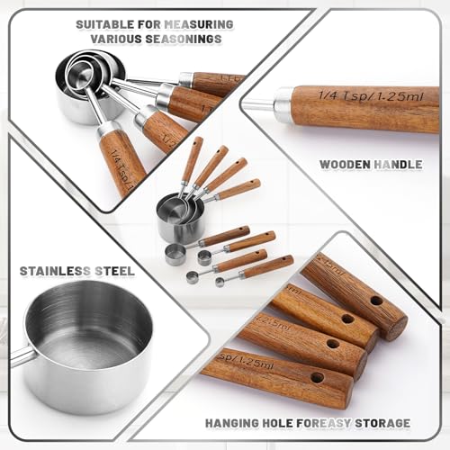 Measuring Cups and Spoons Set,Premium Stainless Steel Measuring Cups and Spoons Set with Wood Handle, 8-Pieces Kitchen Essentials for Baking, Coffee with Ergonomic Grip & Engraved Markings(Silver8) - color: Silver8
