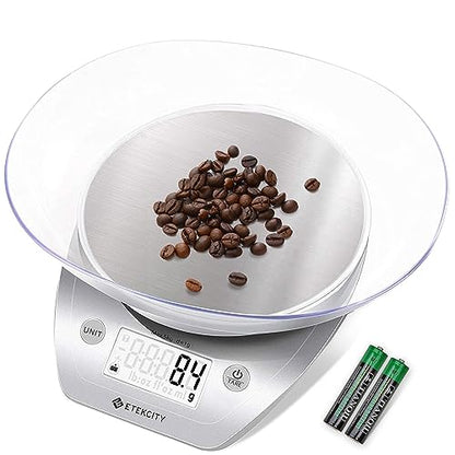 Etekcity 0.1g Food Kitchen Scale, Bowl, Digital Grams and Ounces for Weight Loss, Dieting, Baking, Cooking, and Meal Prep, 11lb/5kg, Stainless Steel Silver - color: Arctic Sliver, size: 11lb