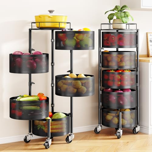 SNTD Fruit and Vegetable Basket Bowls for Kitchen with Metal Top Lid, 5 Tier Rotating Storage Rack Cart for Potato Onion Bread Banana, Wire Basket Organizer on Wheels, Large, Black - color: Black