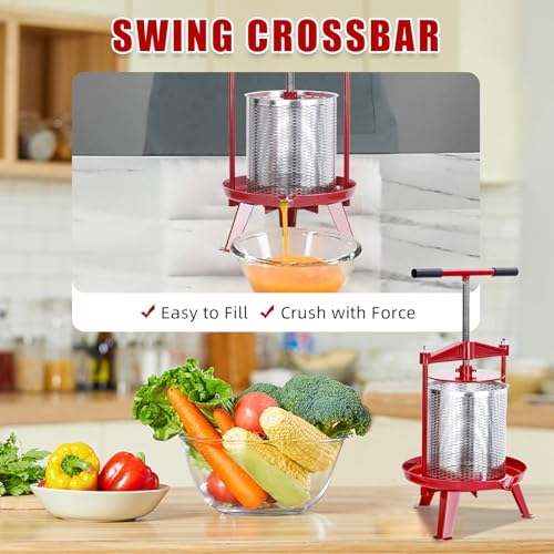 Manual Stainless Steel Fruit & Wine Press, 3.69 Gallon | Cider, Juice & Olive Oil Extractor, Wine Making Supplies, Cheese & Vegetable Processing, Easy T-Handle