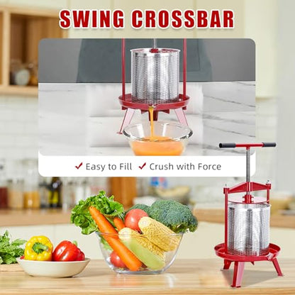 Manual Stainless Steel Fruit & Wine Press, 3.69 Gallon | Cider, Juice & Olive Oil Extractor, Wine Making Supplies, Cheese & Vegetable Processing, Easy T-Handle