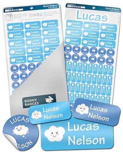 Bunny Badges Personalized Daycare Name Labels for Kids (130 Labels) - Custom Waterproof Name Stickers for Clothing Tags, Water Bottles, Lunch Boxes and School Supplies (Clouds) - color: Clouds