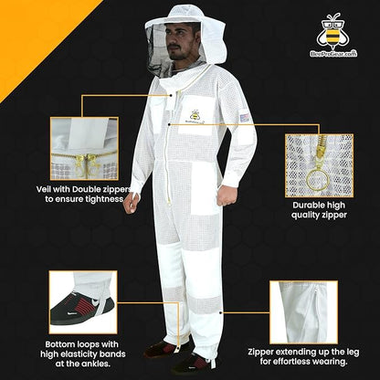 3-Layer Ultra Ventilated Mesh Beekeeping Suit for Men & Women with Veil Sting-Proof Bee Suit with Leather Gloves & Bag - color: Off-white, size: Large
