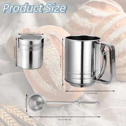 Flour Sifter stainless Steel, 3 in 1 Stainless Steel Sifter for Baking, 3 Cup Double Layer Fine Mesh Sifter, Powdered Sugar Shaker Duster Set for Baking Cakes, Pastries, Pies, Cupcakes and Desserts