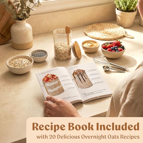 Overnight Oats Containers with Lids, Labels & Spoons (4 x 16oz) Glass Jars for Oatmeal, Meal Prep, Food Storage | Leak-Proof Mason Jars for Oats, Cereal, Yogurt, Chia Pudding [Thicker Glass 3mm] - color: Bamboo Lid