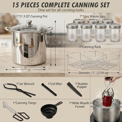 Canning Supplies Kits with 21.5 Qt Canning Pot, 7pcs Mason Jars, Tongs, Stainless Steel Jar Rack, Funnel, Lid Lifter Water Bath Canner Tool Set - color: Canning supplies with pot