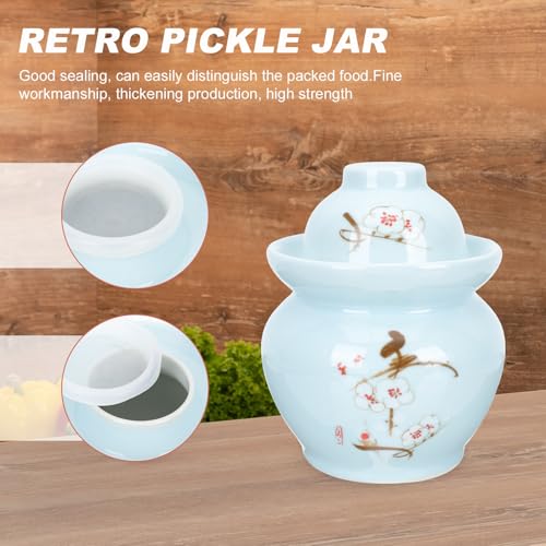ABOOFAN Ceramic Chinese Pickle Jar with Double Lids 2.5l Blue Plum Pattern Sealed Fermenting Crock for Kimchi Sauerkraut Vegetable Storage Kitchen Use