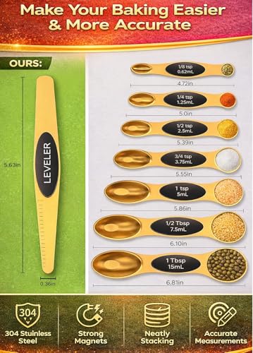 Magnetic Measuring Spoons Set with Strong N45 Magnets, Heavy Duty Stainless Steel Metal, Fits in Most Kitchen Spice Jars for Baking & Cooking, BPA Free, Multicolor, Set of 8 with Leveler(Gold) - color: Gold