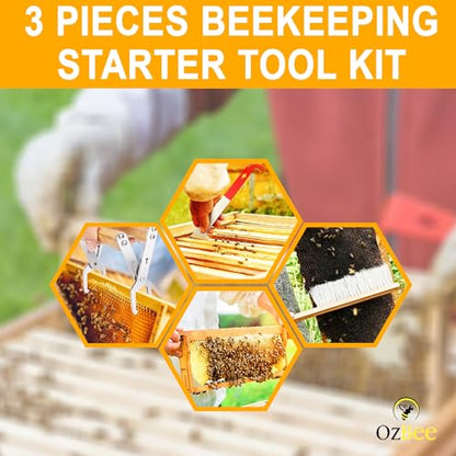 OZBEE 3 Pcs Bee Hive Tools for Beekeepers, Stainless Steel J Hook Frame Lifter & Scraper, Bee Hive Frame Grip Holder Lifter, Beekeeping Brush with Wooden Handle, Flow Hive Beekeeping Kit Accessories