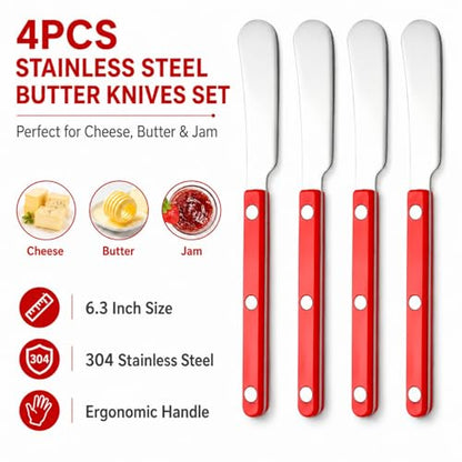 4PCS Stainless Steel Butter Knives Set: 6.3 Inch Cheese Spreader 304 Stainless Steel with Ergonomic Handle for Cheese, Butter & Jam (red) - color: red