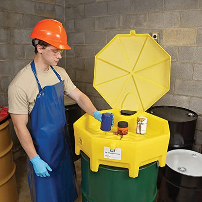 PIG Poly Drum Funnel | Hinged Lid | for 55 Gal Tight-Head Steel & Poly Drums | 29" D x 11" H | Yellow | DRM672-YW - color: Yellow