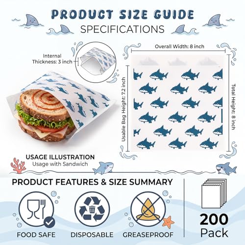 Epakh 200 Pack Paper Sandwich Bags Shark Design 8 × 8 Inch Happy Food Storage Recyclable Grease Resistant Disposable Snack Bags for Family Home Use - style: Shark