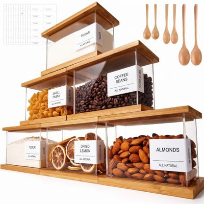 6 Pack Square Acrylic Pantry Storage Containers with Lid Cereal Containers Storage with 144 Pantry Labels, 100oz Small Spice Jars with Airtight Bamboo Lids and Spoon for Sugar, Cereal, Spice - size: 71oz