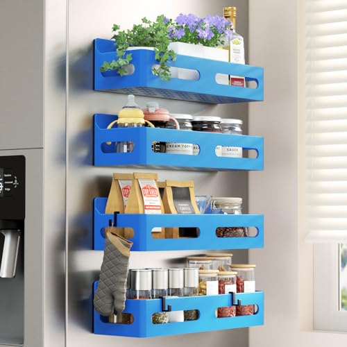 Sevenblue 4-Pack Magnetic Spice Rack for Refrigerator with Hooks, Blue | Strong multipurpose magnetic shelf for kitchen & bathroom organization. Includes 4 removable hooks for hanging items. - color: Blue, size: 4 Pack