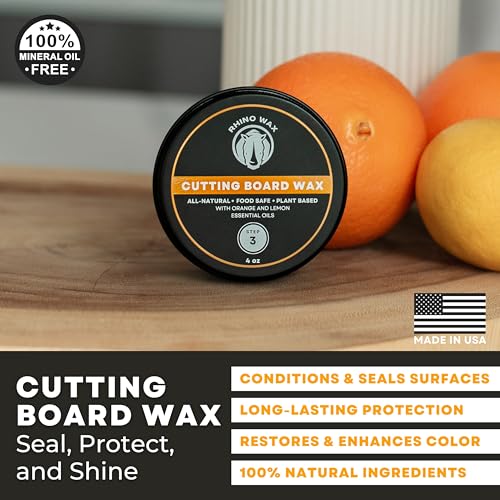 Rhino Wax Coconut Cutting Board Wax 4oz - Natural Blend of Oils and Waxes (NO Mineral Oil) - Condition and Protect Wood Cutting-Boards, Charcuterie Boards, Salad Bowls - Food Safe - Made in the USA - size: 4 Ounce
