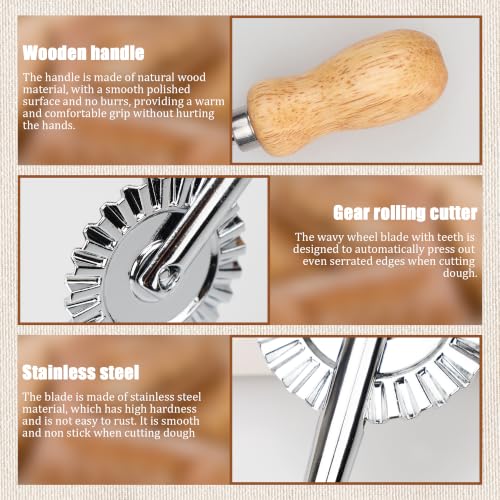 Pastry Cutter Wheel, Crinkle Wheel with Beech Wood Handle | 304 stainless steel crinkle blade, beech wood handle, multi-use for pizza pasta pastry cookie ravioli, 5 variants - color: Short Handle Small Cutter Wheel