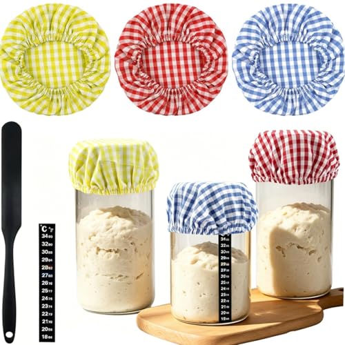 5-Pack Sourdough Starter Jar Covers Kit, 3 Colorful Linen Cloth + Dough Scraper + Temperature Strip, Unbleached Reusable Fermentation Cover for 3‑4 Inch Mason Jars, Sourdough Bread Baking Supplies