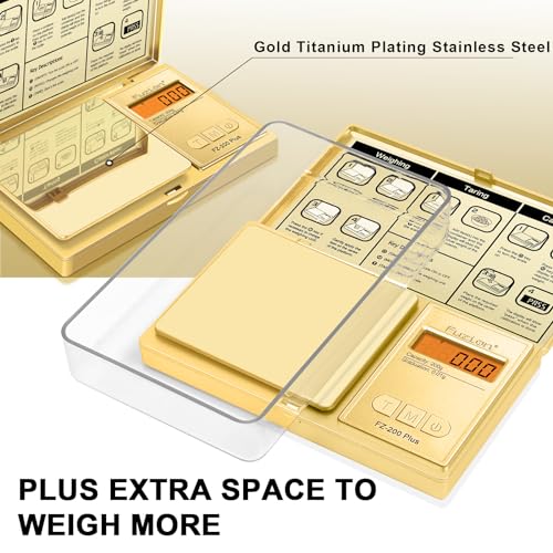 Fuzion Digital Pocket Gram Scale .01 Gram Accuracy, Gold Titanium Plating, 200g Digital Scale, Small Scale for Food, Jewelry, Herb, Spice, Coin - Weight Gram and Oz - color: Gold, size: 200g with Tray