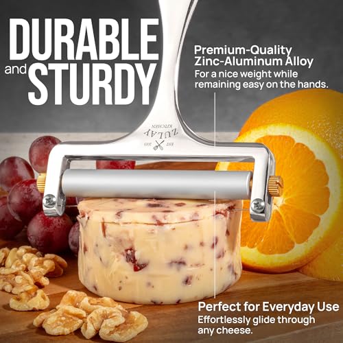 Zulay Kitchen Stainless Steel Wire Cheese Slicer - Adjustable Hand Held Cheese Cutter with 2 Extra Wires - Premium Cheese Knife for Mozzarella, Cheddar, Gruyere - Cheese Cutter with Wire (Silver) - color: Silver