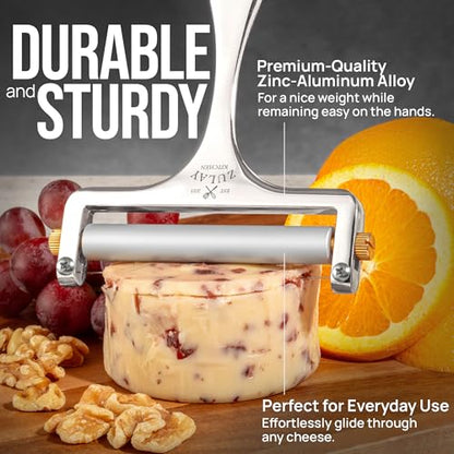 Zulay Kitchen Stainless Steel Wire Cheese Slicer - Adjustable Hand Held Cheese Cutter with 2 Extra Wires - Premium Cheese Knife for Mozzarella, Cheddar, Gruyere - Cheese Cutter with Wire (Silver) - color: Silver