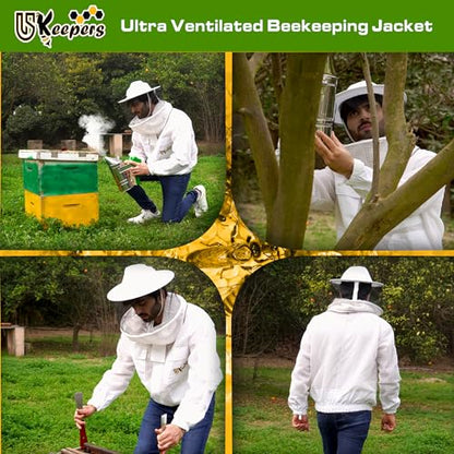 3 Layer Ventilated Sting Proof Bee Jacket for Men & Women, Premium Beekeeping Jacket with Gloves & Two Beekeeper Veils. (White J/M) - color: White, size: Medium