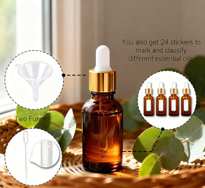 PrettyCare Glass Eye Dropper Bottles 24 Pack, 0.5oz (15ml) Small Amber Empty Thick Bottles with Leakproof Golden Caps - With Labels & Funnels for Storage, Travel, Essential Oils, Tinctures - color: 0.5oz Amber, style: 24 Pack