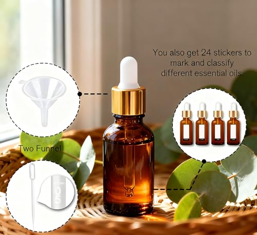 PrettyCare Glass Eye Dropper Bottles 99 Pack, 0.5oz (15ml) Small Amber Empty Thick Bottles with Leakproof Golden Caps - With Labels & Funnels for Storage, Travel, Essential Oils, Tinctures - color: 0.5oz Amber, style: 99 Pack