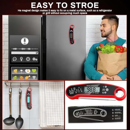 Digital Instant Read Food Thermometer with Backlight, LCD Display, Calibration Function, Built-in Bottle Opener for Grilling, BBQ, Turkey, Candy, Liquid Temperature Measurement, Red - color: Red