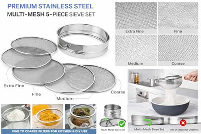 Premium Stainless Steel Multi-Mesh Sieve Set 4 in 1 | Interchangeable Fine to Coarse Filters | Atta, Spices, Herbal Powder, Coffee, Oil, Soil & DIY Use