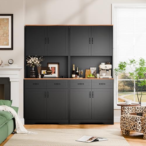 Cozy Castle Pantry Cabinet, Farmhouse Kitchen Hutch Cabinet with Storage Drawers Freestanding Coffee Bar Liquor Sideboard Large Countertop Cupboard for Dining Room, Living Room, 71'' Tall Black
