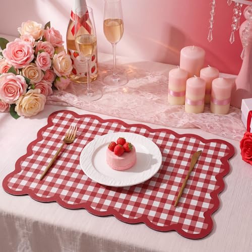 Scalloped Gingham Coffee Mat 12" x 20" Absorbent Coffee Bar Mat Gingham Espresso Matt for Counter(Red) - color: Red