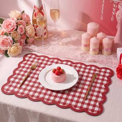 Scalloped Gingham Coffee Mat 12" x 20" Absorbent Coffee Bar Mat Gingham Espresso Matt for Counter(Red) - color: Red