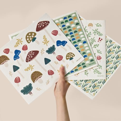 RECYCO Swedish Dishcloths for Kitchen | 4 Pack Oversized Washable Dish Rags | Large Cellulose Reusable Cleaning Paper Towels | Absorbent Counter Dish Cloth Sponge XL Kitchen Wipes, 12" L x 10" W - color: Verdant Mushroom - Xl 4 Pack