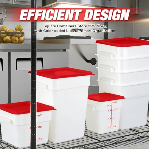Square Food Containers with Lids 4-Pack, Commercial Grade Plastic Bins for Restaurant Kitchen Pantry Storage, Freezer & Dishwasher Safe (Red, 8QT-4PACK) - size: 8QT-4PACK