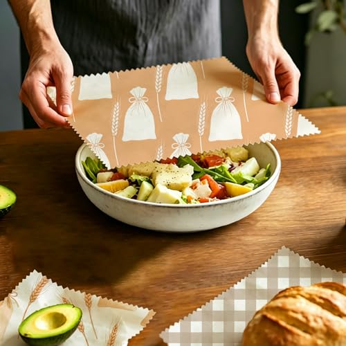 Reusable Beeswax Wrap, Flour Sack and Gingham Wraps, 9 Pack Sheets for Bread, Fruit, Bowl, Organic, Sustainable, Zero Waste, Plastic-Free Food Storage, 1XL, 3M, 5S - color: Beige Wheat Sacks