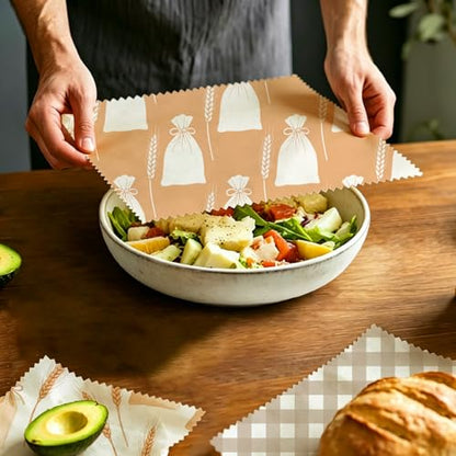 Reusable Beeswax Wrap, Flour Sack and Gingham Wraps, 9 Pack Sheets for Bread, Fruit, Bowl, Organic, Sustainable, Zero Waste, Plastic-Free Food Storage, 1XL, 3M, 5S - color: Beige Wheat Sacks