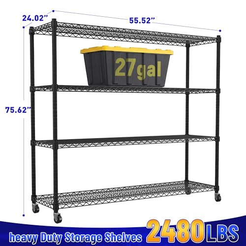 REIBII 2480LBS Capacity Heavy Duty Storage Shelves with Wheels, 1-Inch (25.4mm) Steel Tube, Adjustable Wire Shelving for Garage, Warehouse, Pantry & Commercial Use, 75.6" H x 55.5" W x 24" D - color: Black
