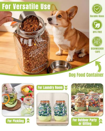 1 Gallon Glass Jar with Lid, 2 Pack Wide Mouth Mason Jars with Airtight Seal, Heavy Duty Glass Storage Container with Handle & Protective Base, Glass Jar for Sun Tea, Pickling, Flour Sugar, Kombucha - size: Large